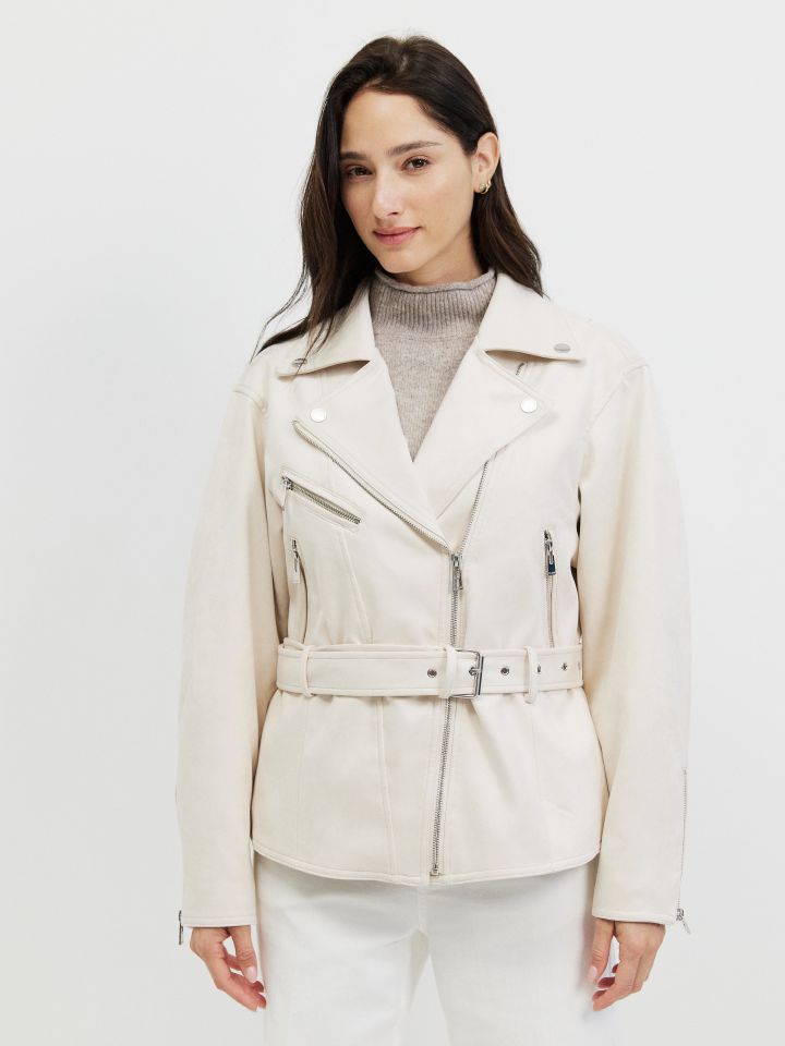 ג’קט דמוי ז’מש רוכסנים בצבע בייז’