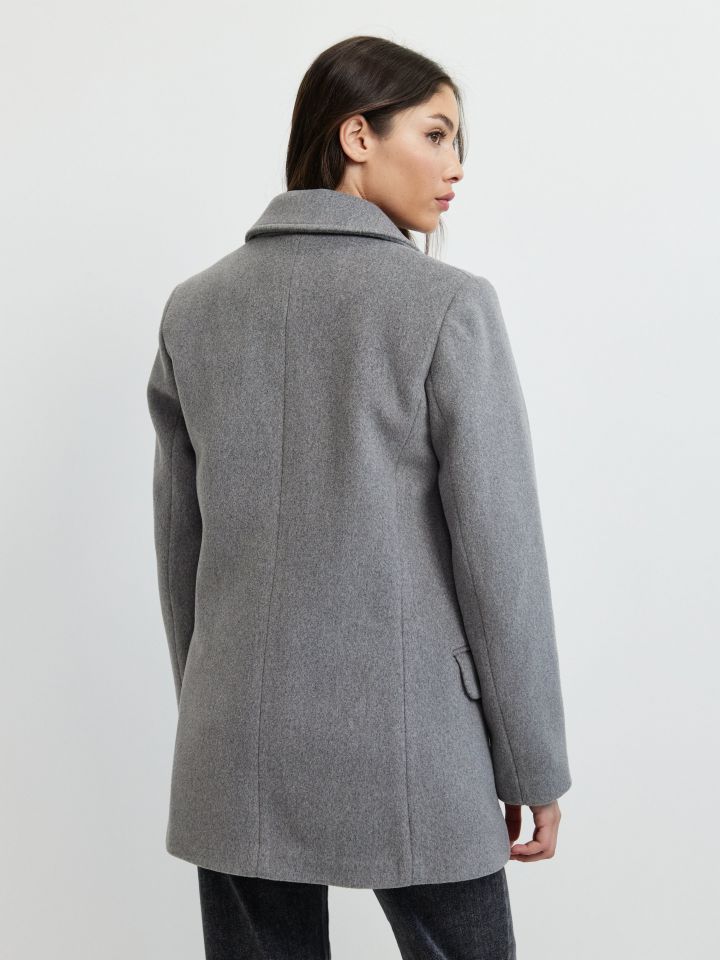 מעיל מראה צמר כיסים בצבע אפור כסף