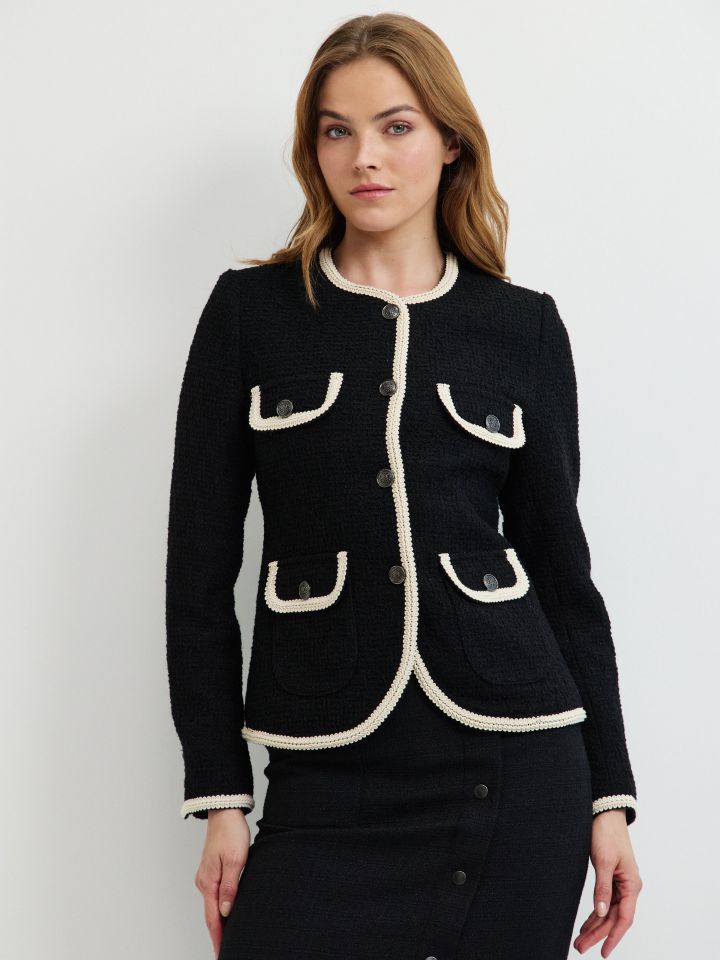 ג’קט מראה בוקלה כיסים שילוב בצבע שחור