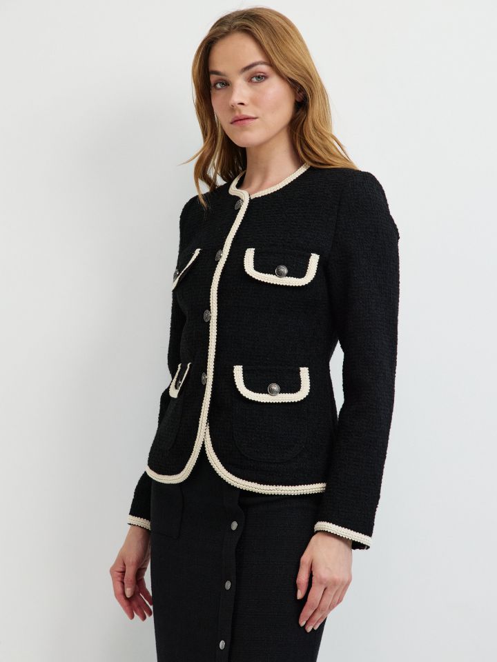 ג’קט מראה בוקלה כיסים שילוב בצבע שחור