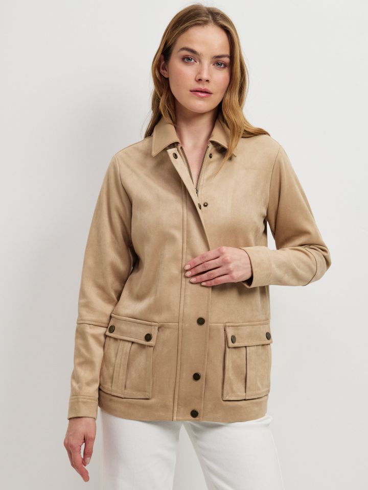 ג’קט דמוי זמש שילוב כיסים בצבע קוניאק