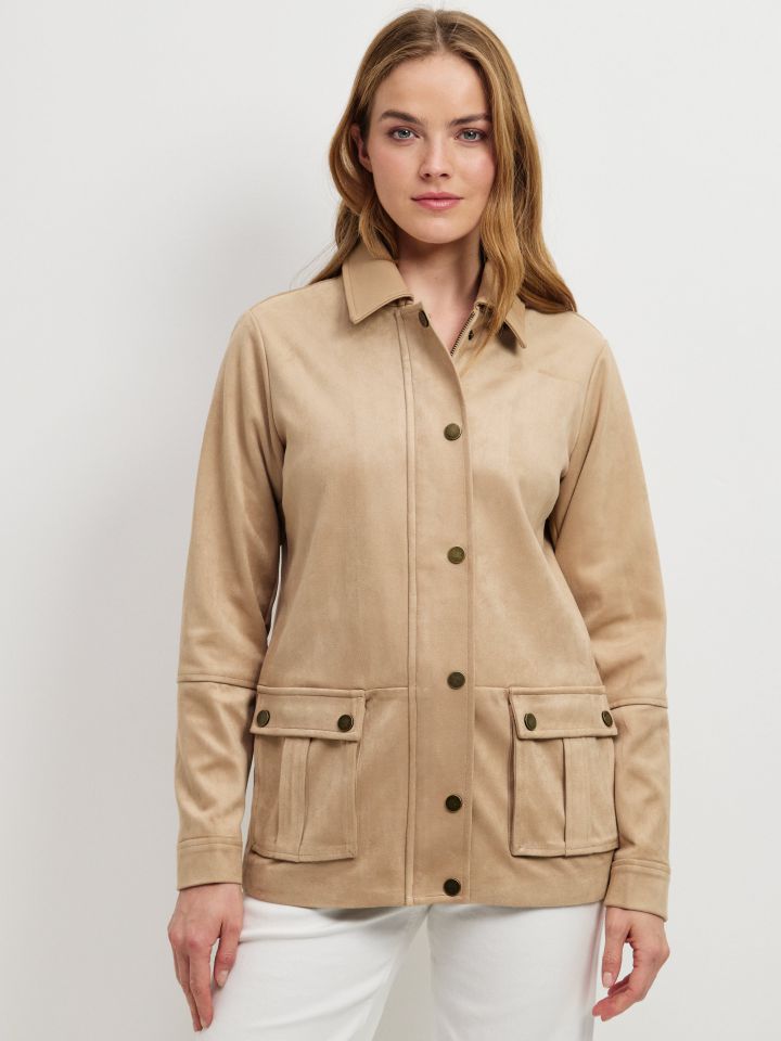 ג’קט דמוי זמש שילוב כיסים בצבע קוניאק