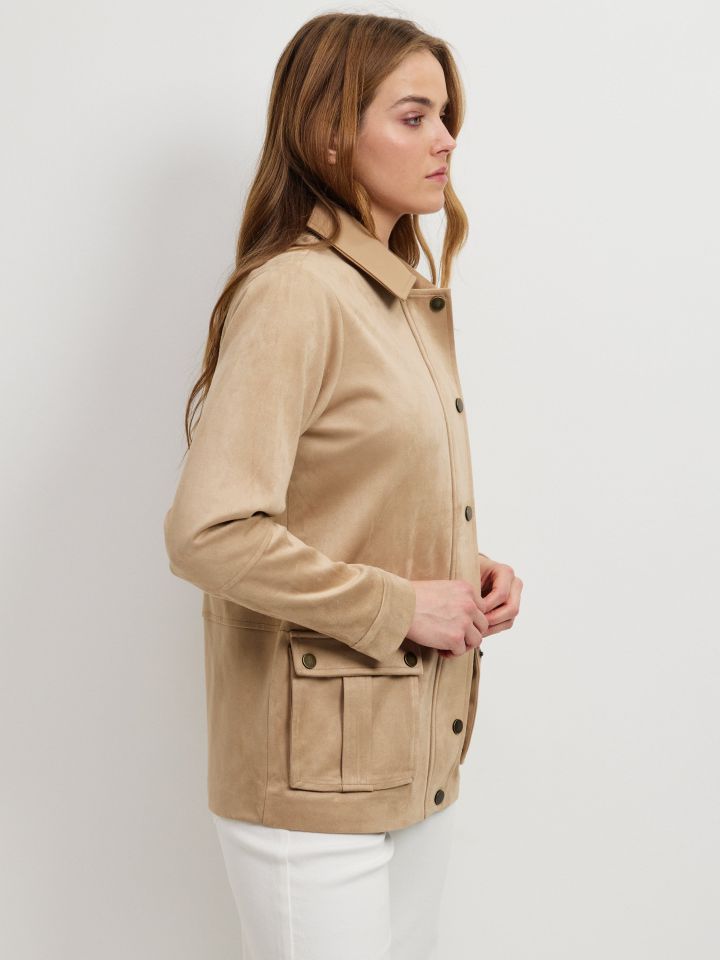 ג’קט דמוי זמש שילוב כיסים בצבע קוניאק