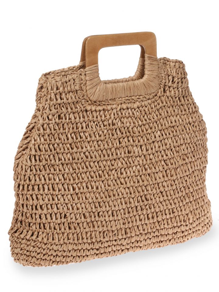 תיק קש ידית עץ בצבע קאמל