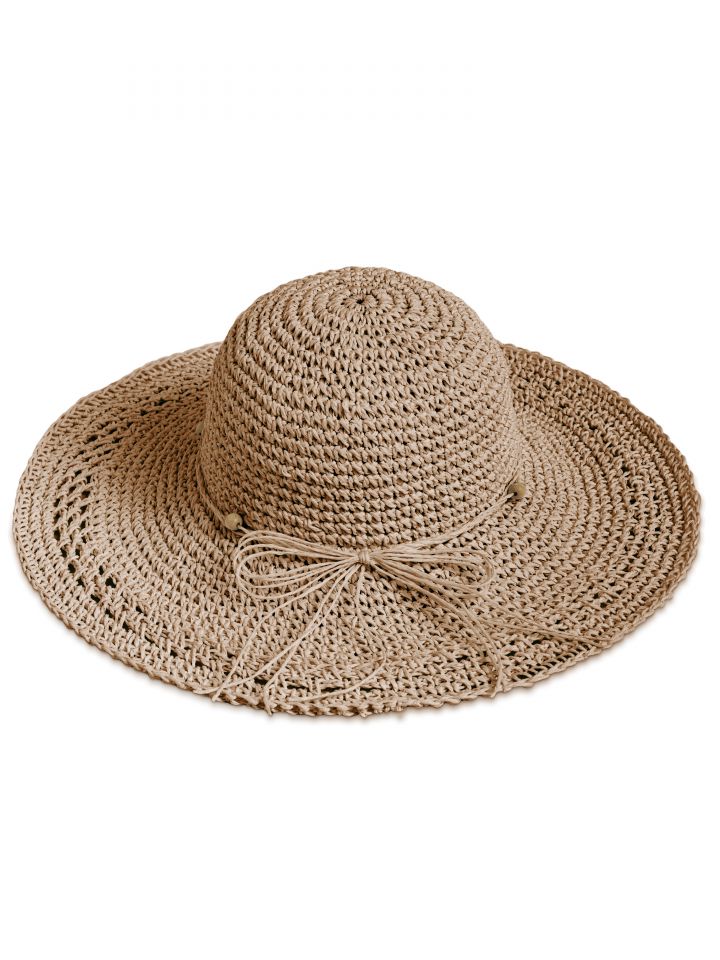 כובע קש שילוב חרוזים בצבע טיבעי