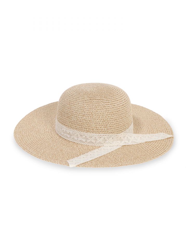 כובע קש סרט תחרה בצבע טיבעי