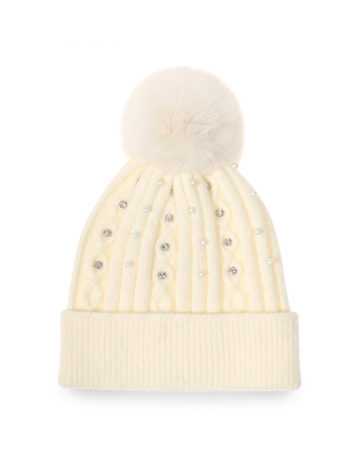 כובע עם פונפון פנינים ואבנים בצבע אופוויט