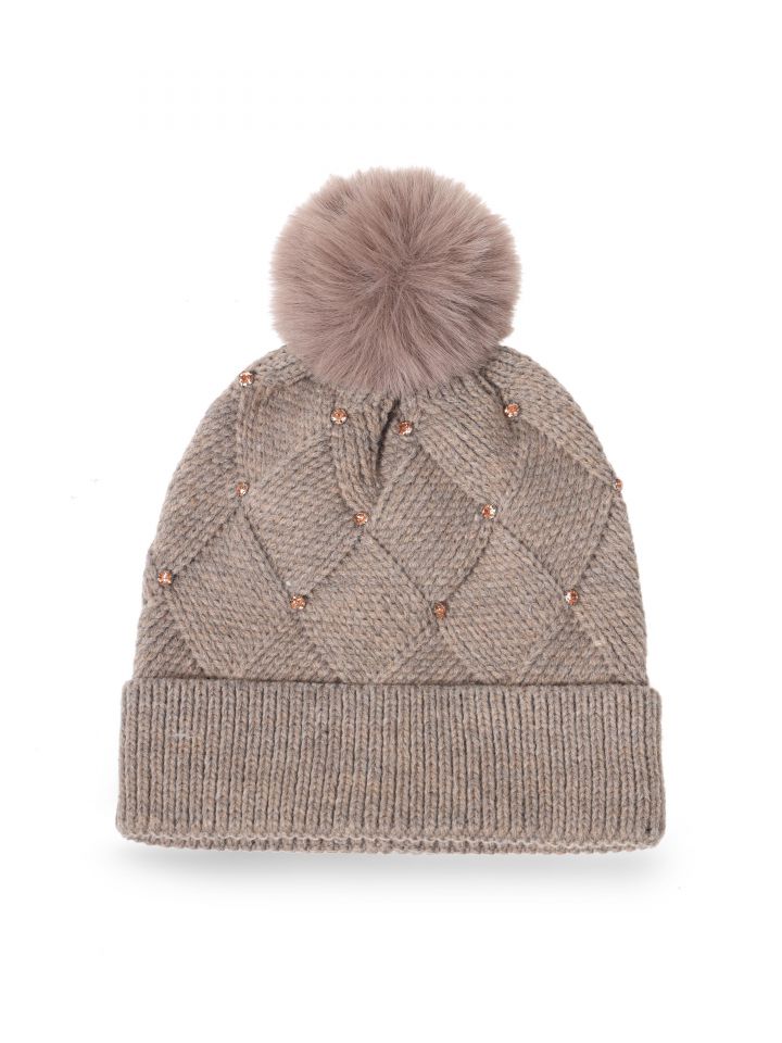 כובע פונפון שילוב אבנים בצבע חום