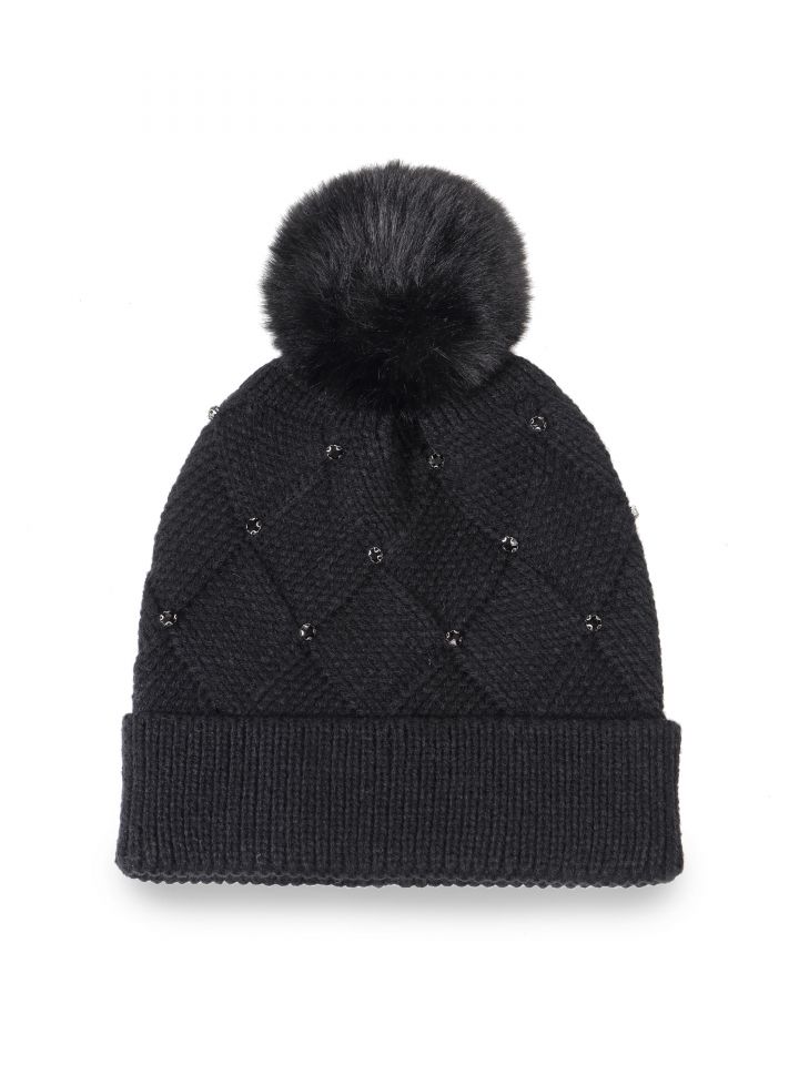 כובע פונפון שילוב אבנים בצבע שחור