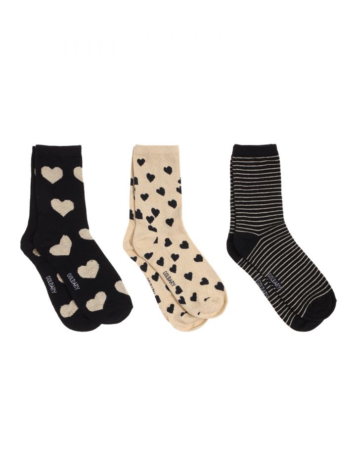 מארז שלישיית גרביים גבוהות בצבע שחור דפוס זהב