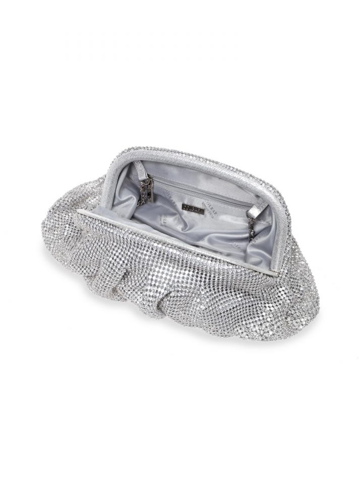 תיק קלאץ משובץ כיווצים בצבע כסף