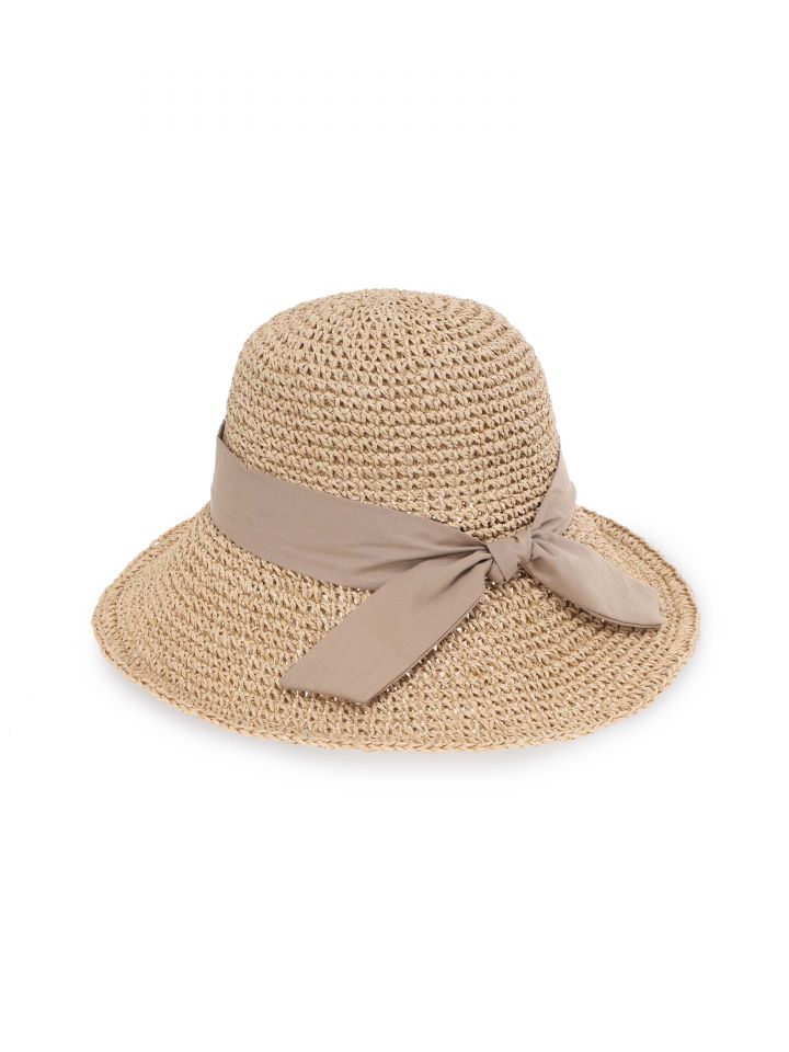 כובע קש קשירת פפיון בצבע טיבעי