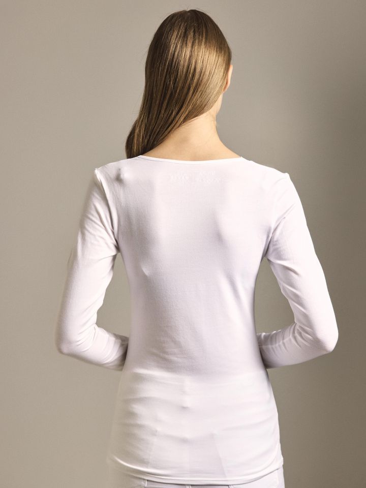 חולצת טי שרוול ארוך V תחרה צרה בצבע לבן