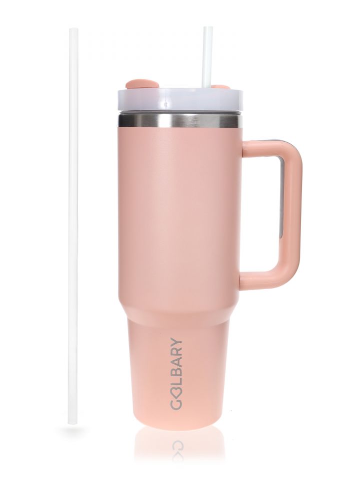 כוס שתיה עם ידית וקש בצבע ורוד