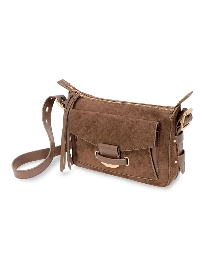 תיק דמוי זמש שילוב אבזם ופרנז בצבע חום