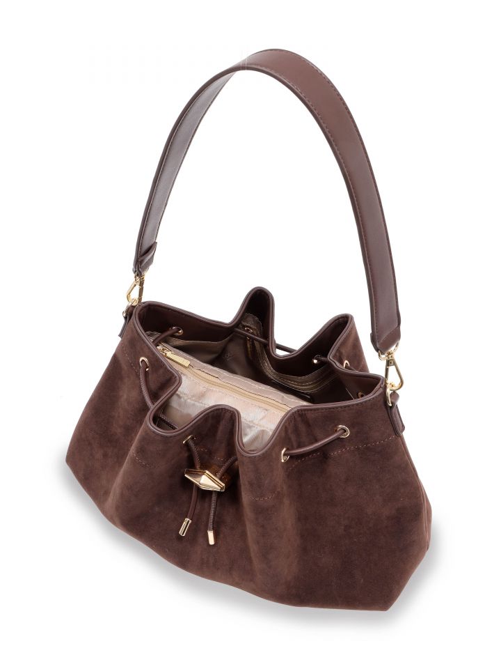 תיק יד כיווץ דמוי זמש בצבע חום