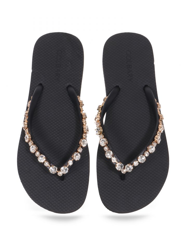 כפכף שיבוץ קריסטלים עגולים בצבע שחור