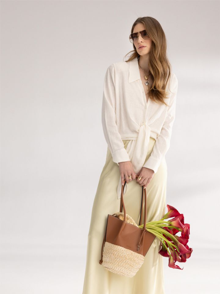 תיק שילוב קש SHIRA בצבע חום