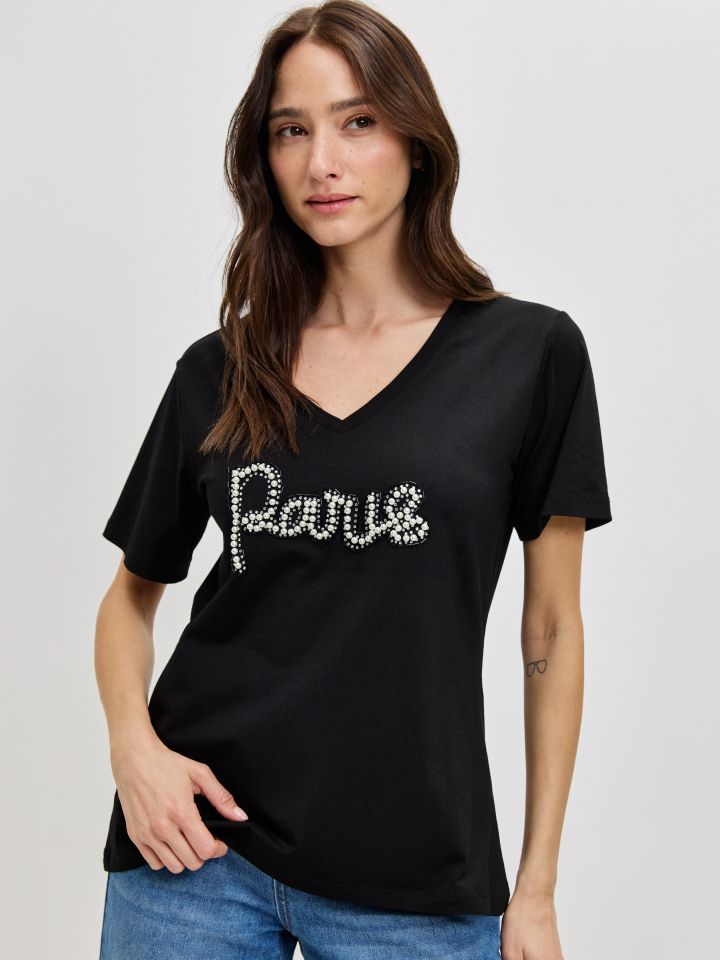 חולצה PARIS PROMO דמוי פנינים בצבע שחור