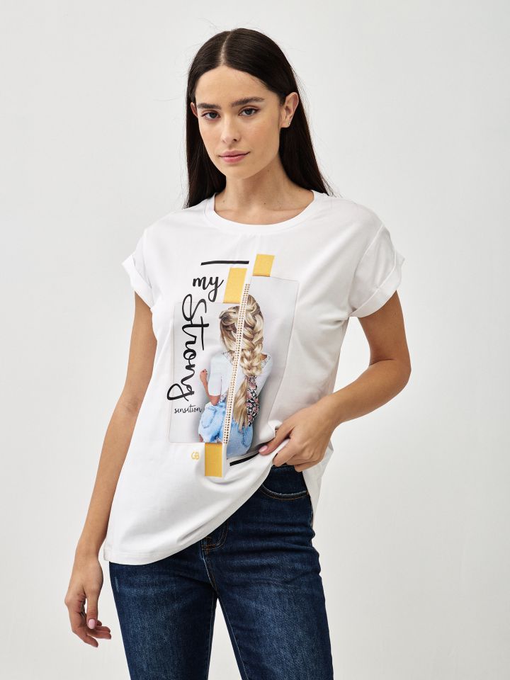 חולצה דפוס צמה PROMO בצבע לבן