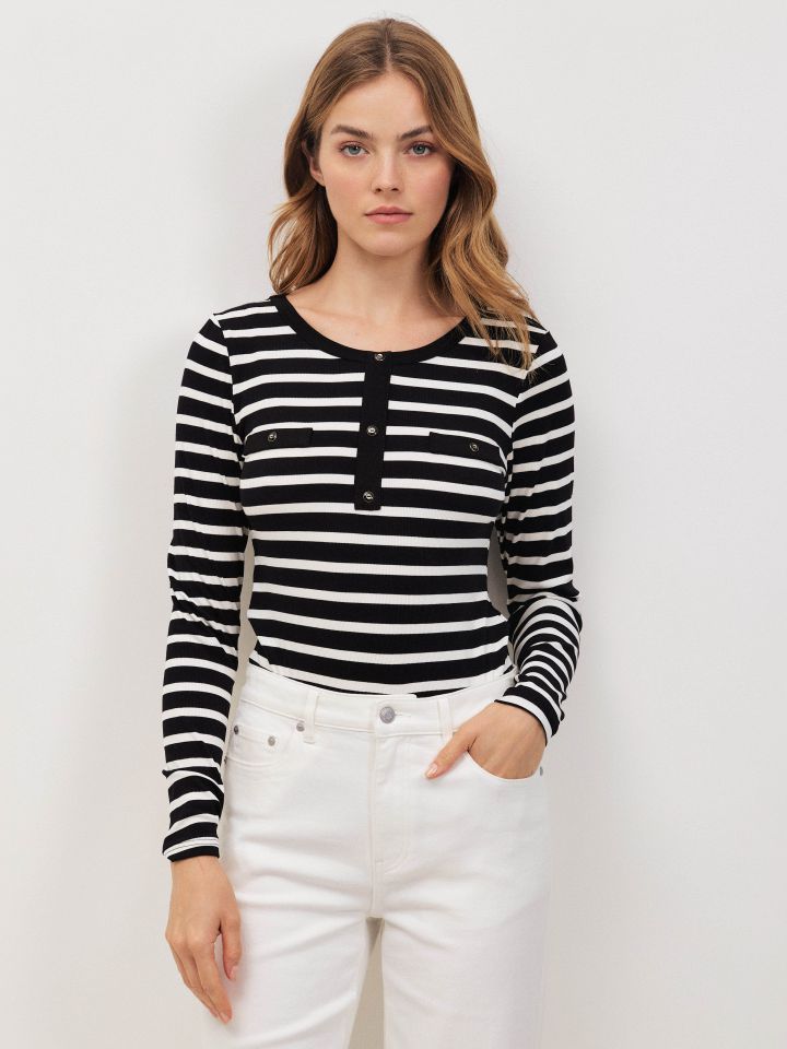 חולצה פסים שינה כפתורים בצבע שחור