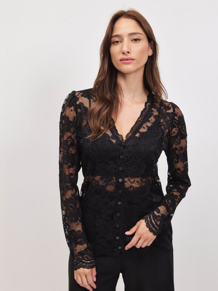 חולצה תחרה כפתורים בצבע שחור