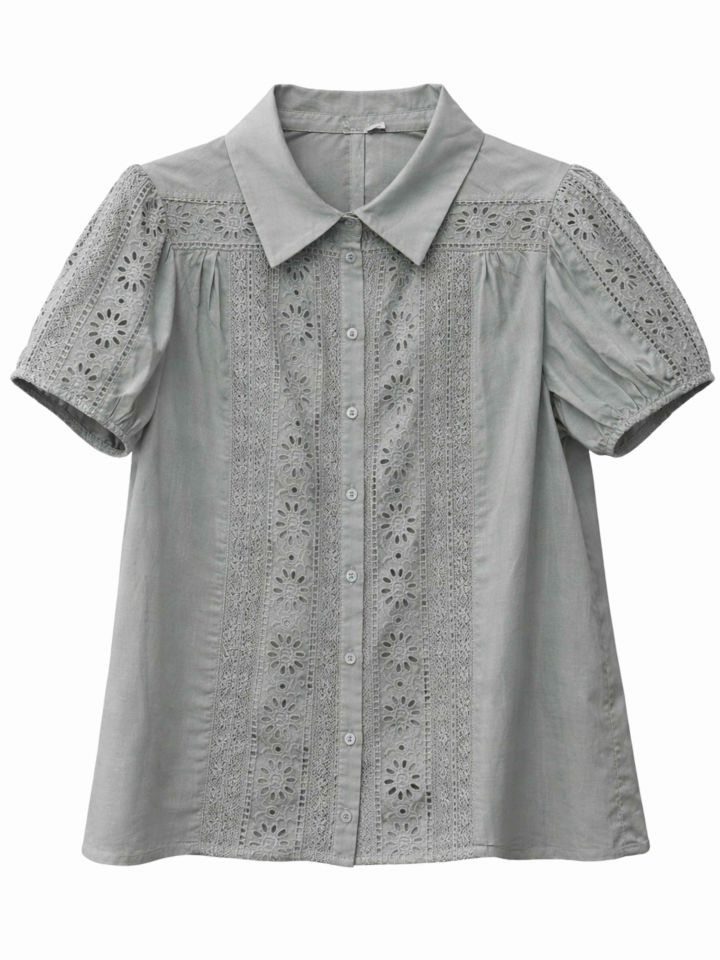 חולצה מכופתרת שילוב תחרה בצבע אפור מולינה