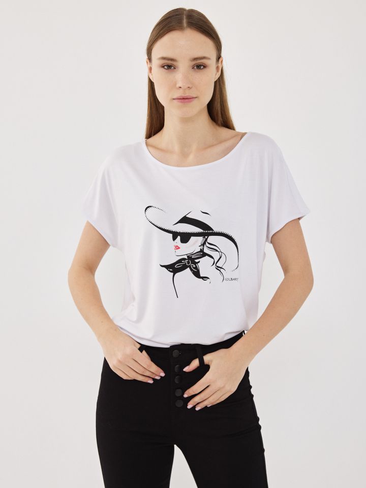 חולצה דפוס כובע יהלומים PROMO בצבע לבן