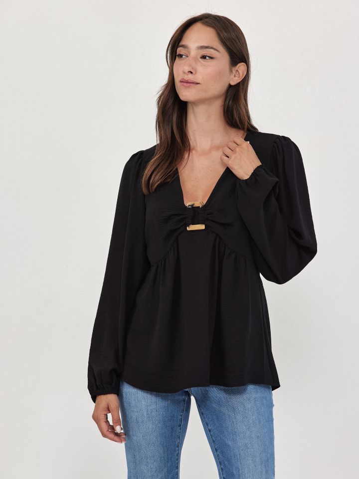 חולצה פתח אבזם מלבן בצבע שחור