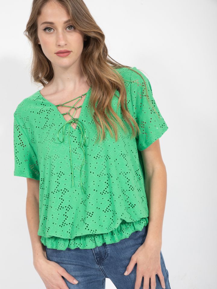 חולצה תחרה פתח לולאות בצבע ירוק בינוני