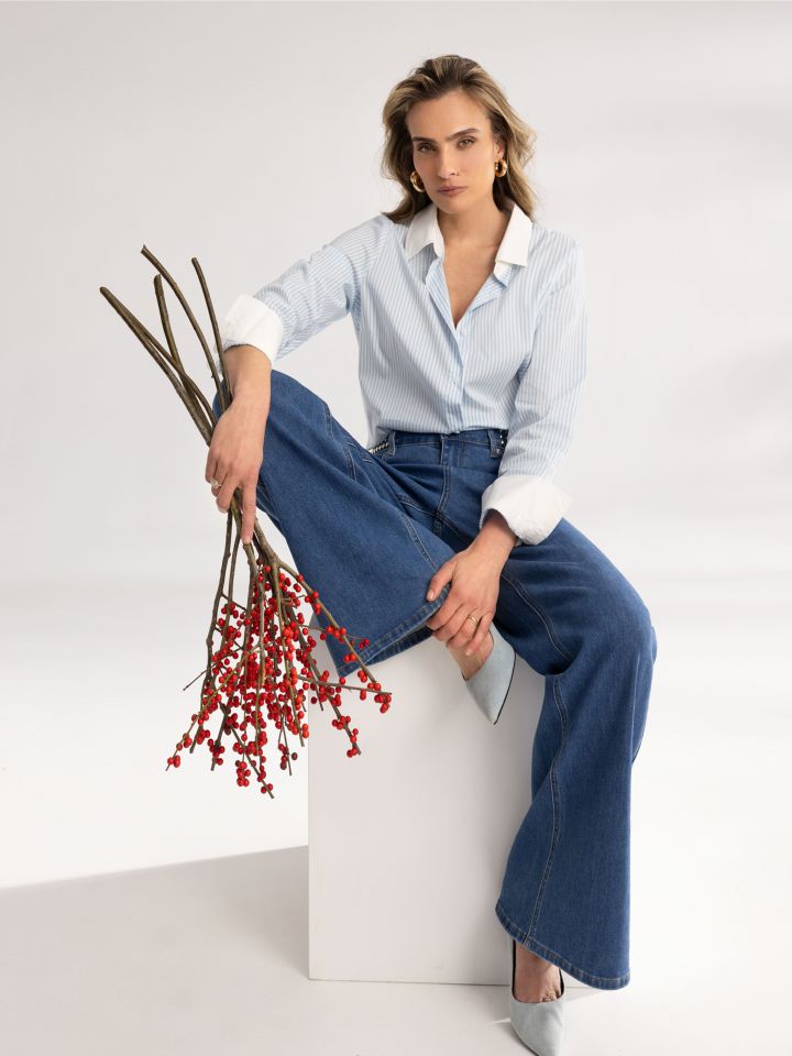 חולצה פסים שילוב מנגטים בצבע תכלת