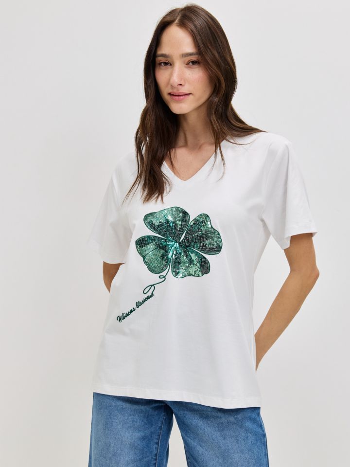 חולצה V פרח PROMO בצבע לבן