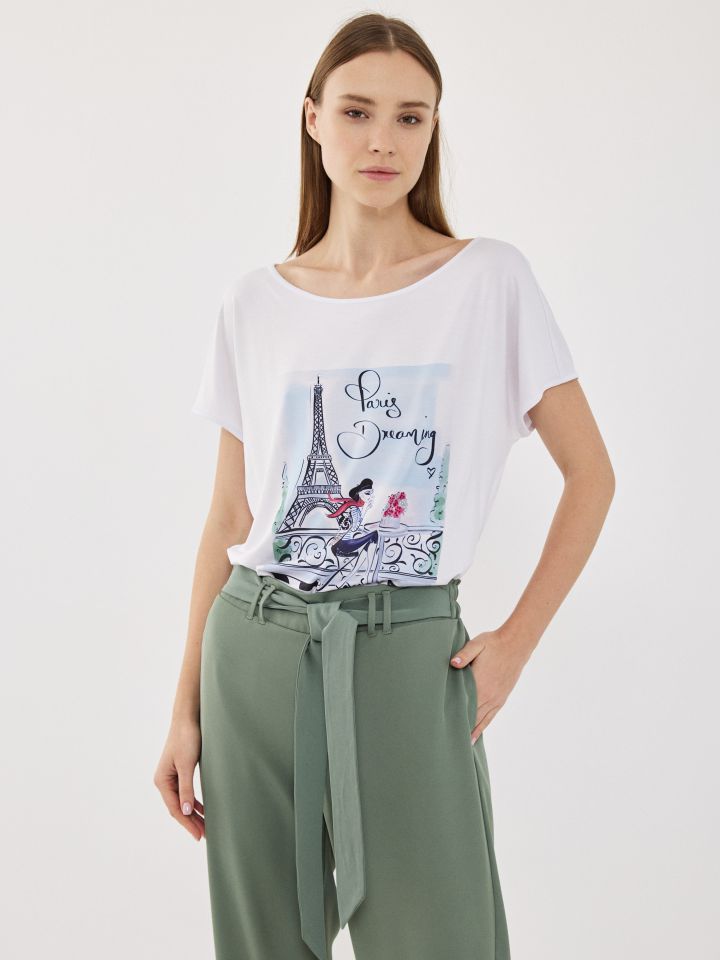 חולצה דפוס EIFFEL PROMO בצבע לבן