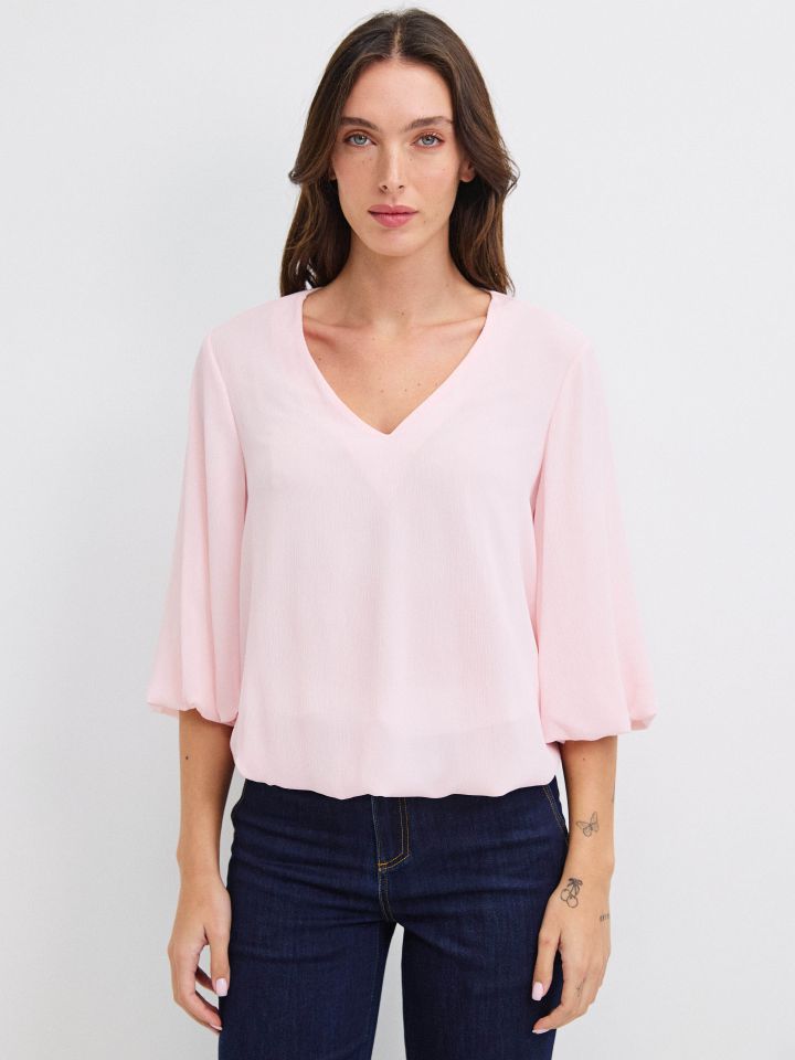 חולצה V בלון PROMO בצבע ורוד עתיק