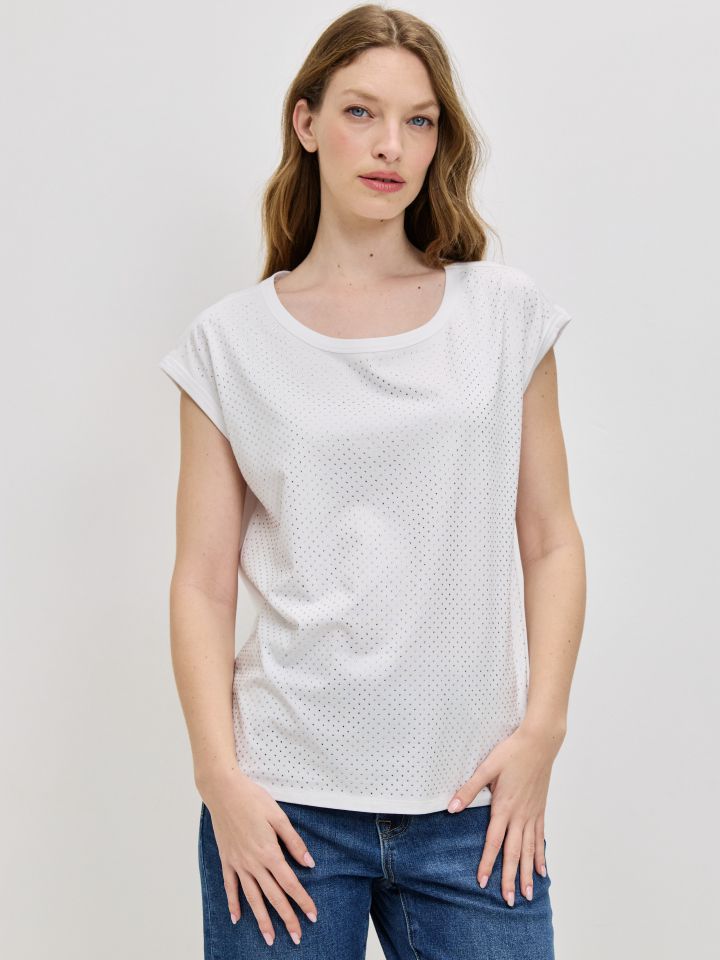 חולצה פרונט דמוי יהלומים בצבע לבן