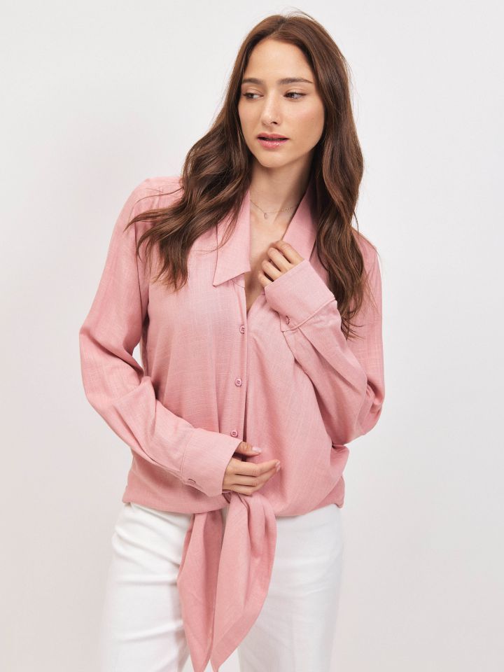 חולצה צוארון קשירה PROMO בצבע ורוד עתיק