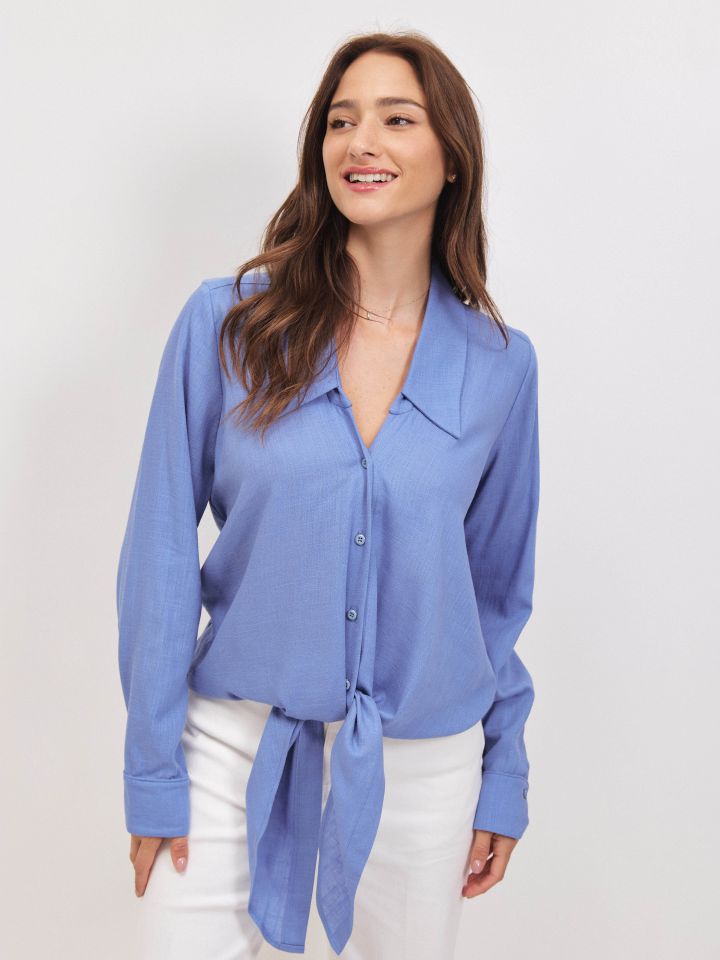 חולצה צוארון קשירה PROMO בצבע תכלת