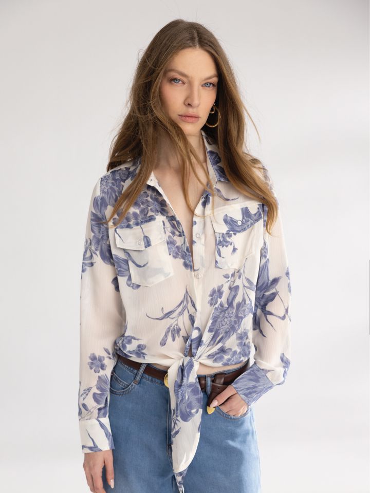 חולצה דפוס קשירה כיסים בצבע לבן /כחול