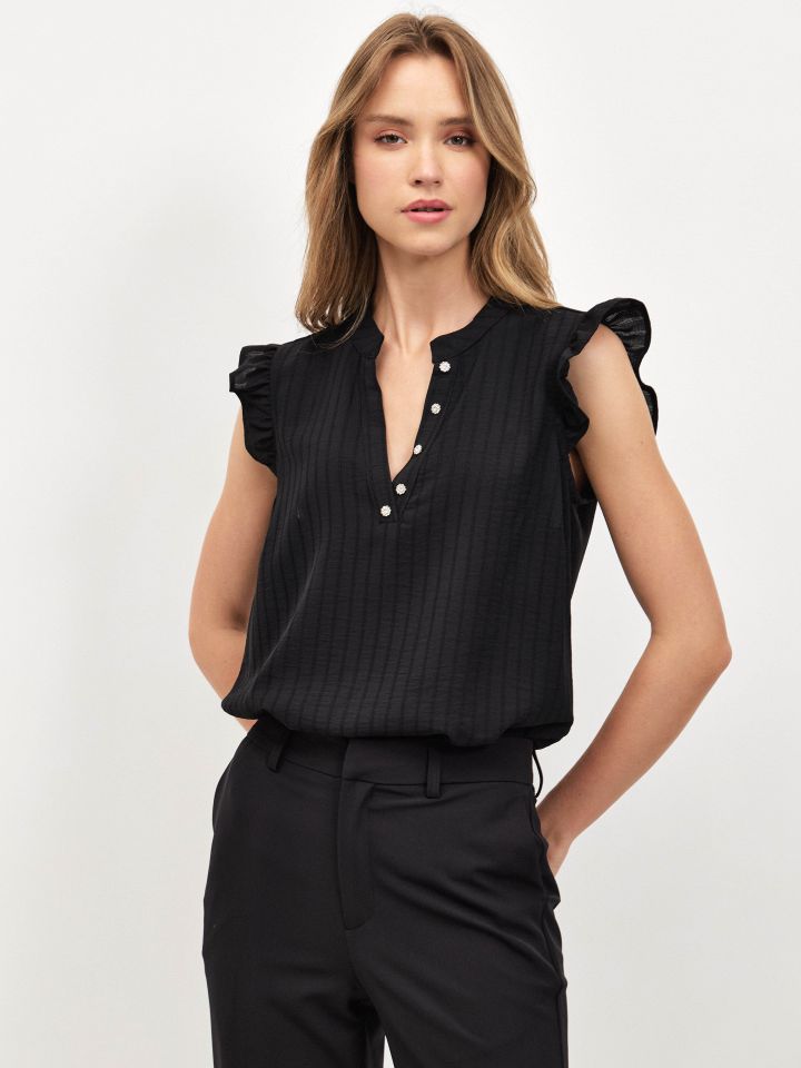 חולצה פסי אורך כפתורי דמוי יהלומים בצבע שחור