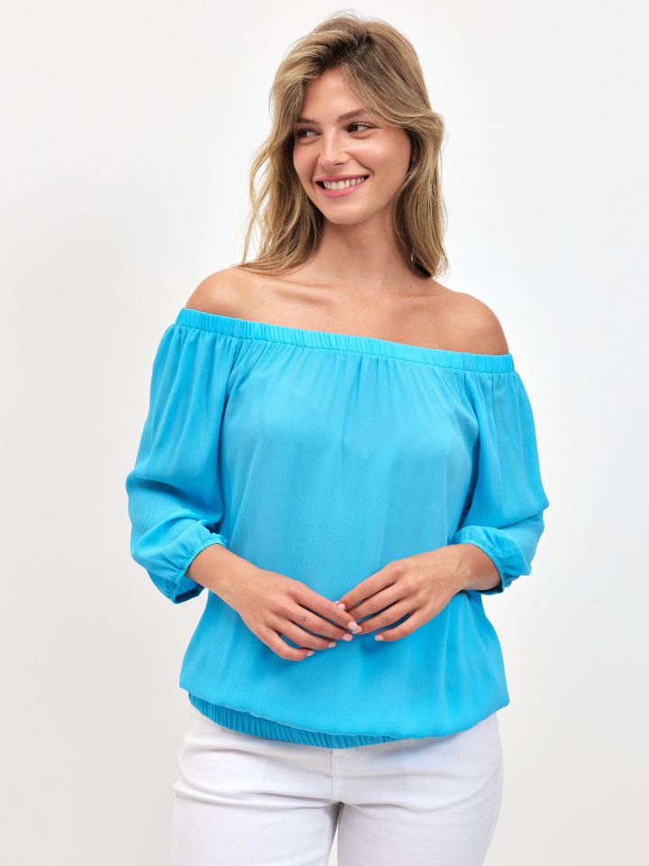 חולצה בלון שיפון בצבע טורקיז