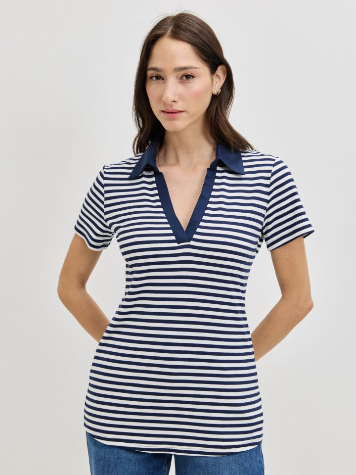 חולצה צוארון פסים PROMO בצבע כחול/לבן