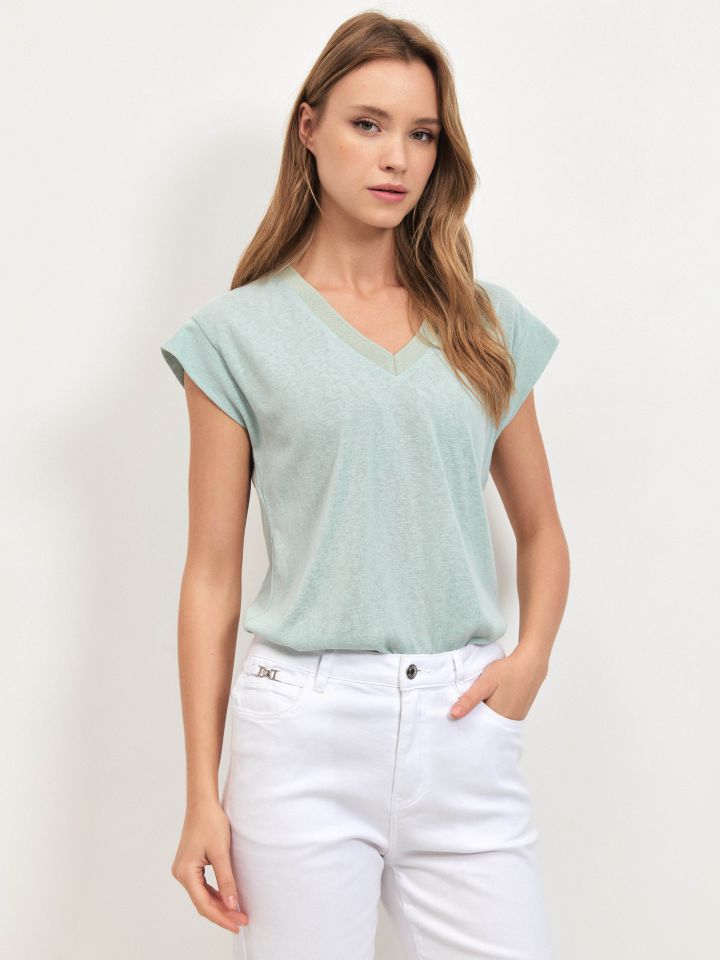 חולצה V סלאב סרט PROMO בצבע ירוק