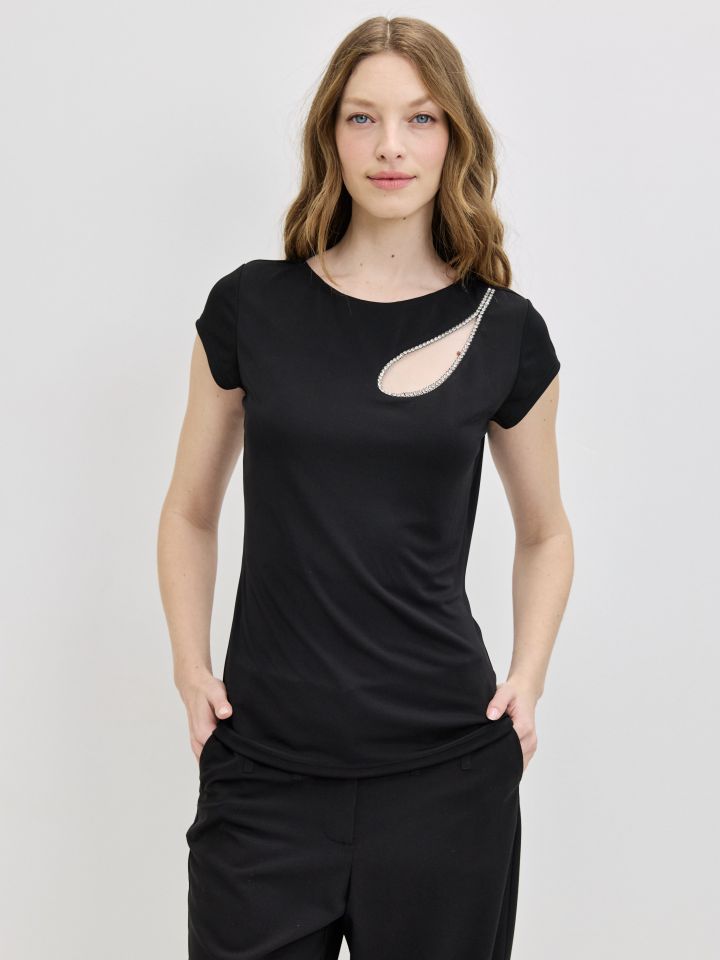 חולצה אמזון פתח אסימטרי דמוי יהלומים בצבע שחור