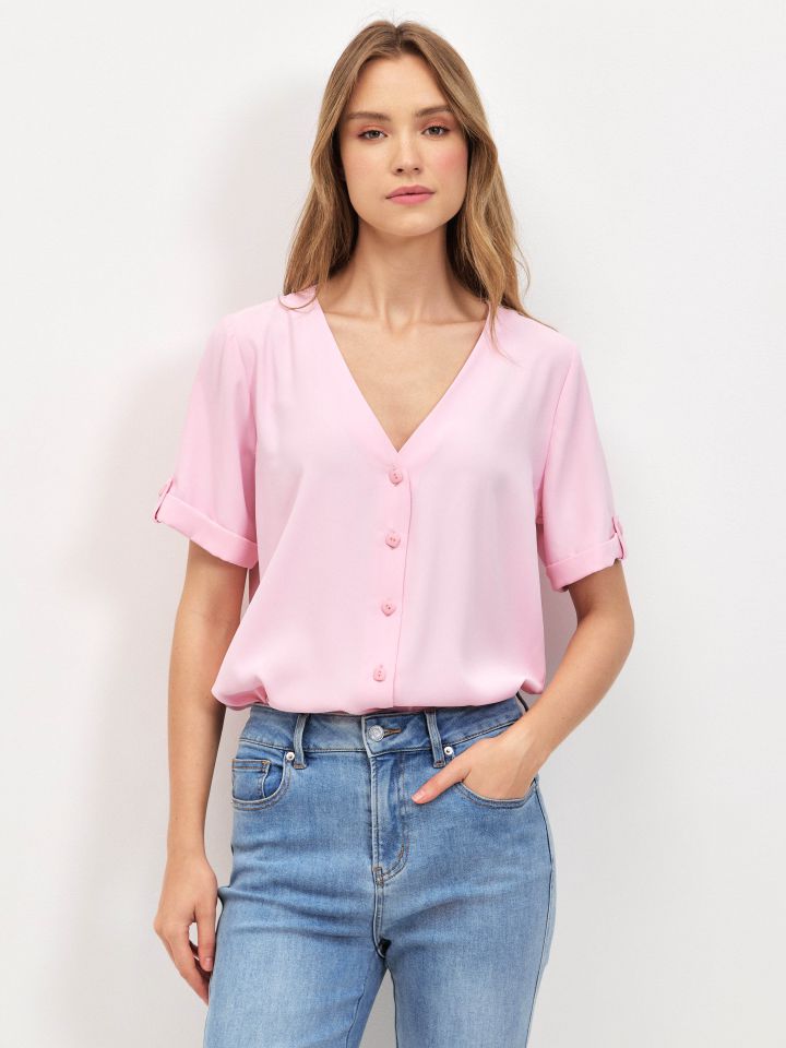חולצה V כפתורים PROMO בצבע ורוד