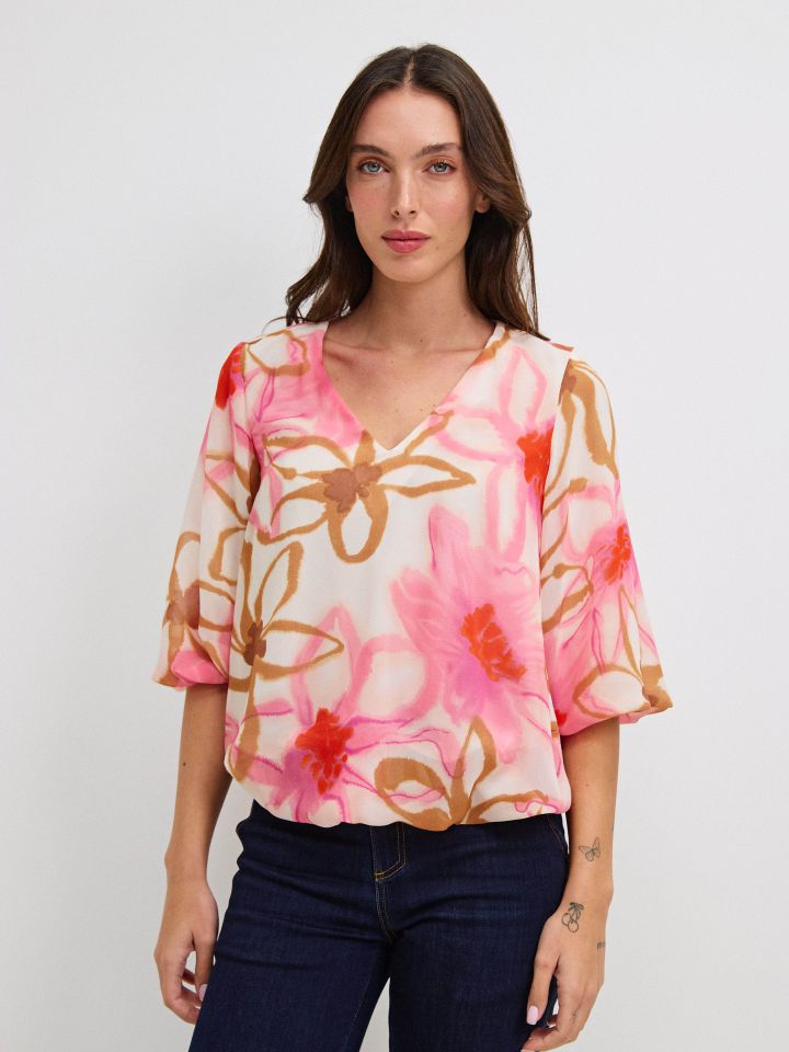 חולצה V דפוס בלון PROMO בצבע ורוד עתיק