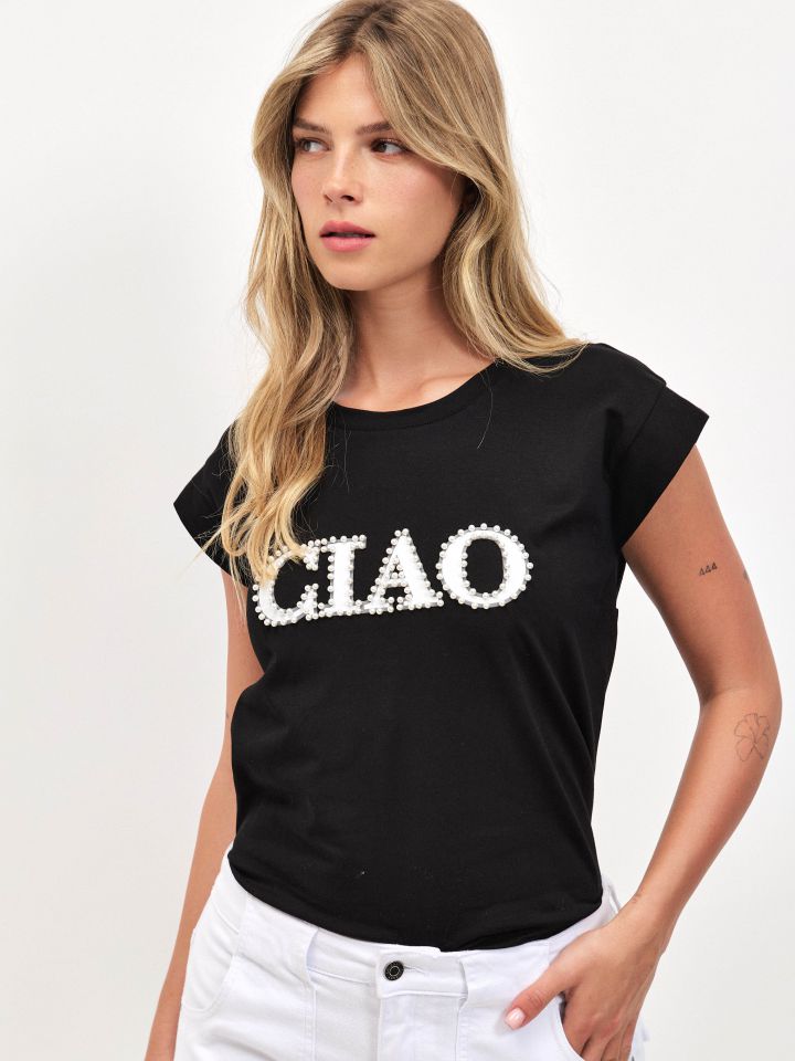 חולצה דפוס דמוי פנינים PROMO בצבע שחור