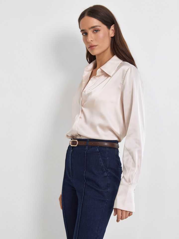 חולצה סטן מכופתרת  PROMO בצבע בייז’