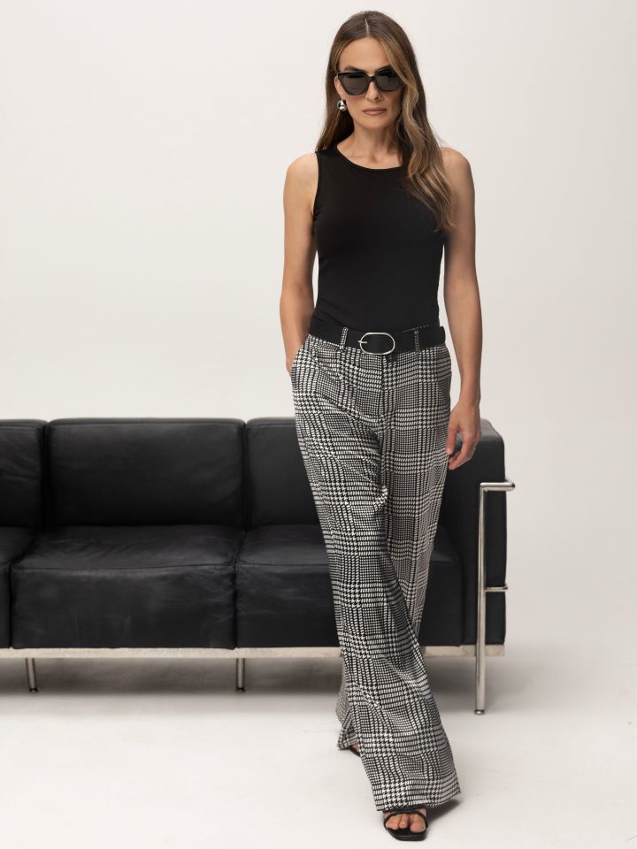 מכנסיים סטן משובץ בצבע שחור/לבן