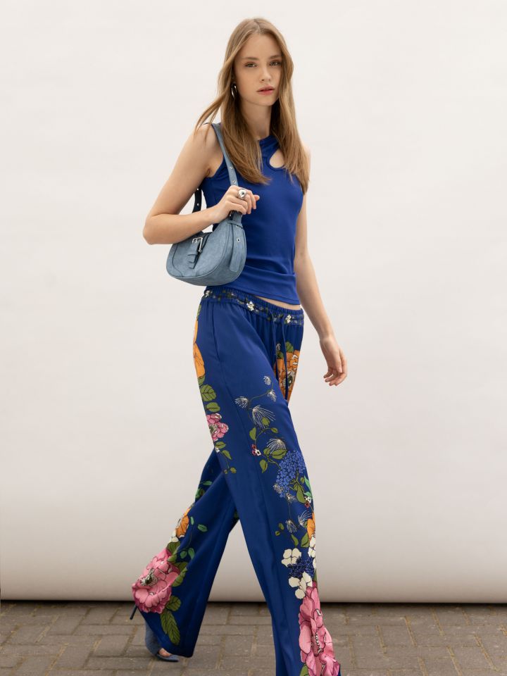 מכנסיים סטן דפוס בורדורה בצבע כחול אינדיגו