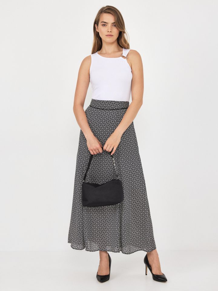 חצאית דפוס גומי בגב בצבע שחור/לבן